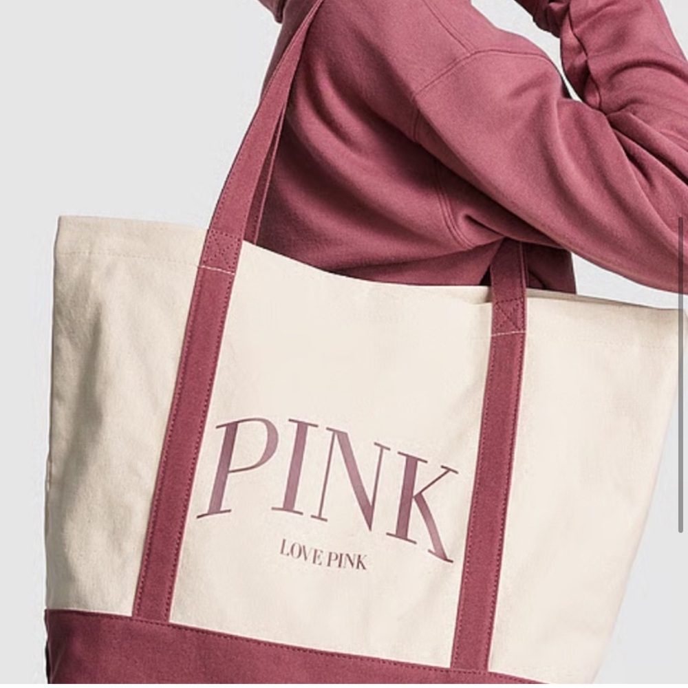 Victoria’s Secret PINK Canvas Tote Bag Burgundy Rose Zipper Close Sealed NEW
